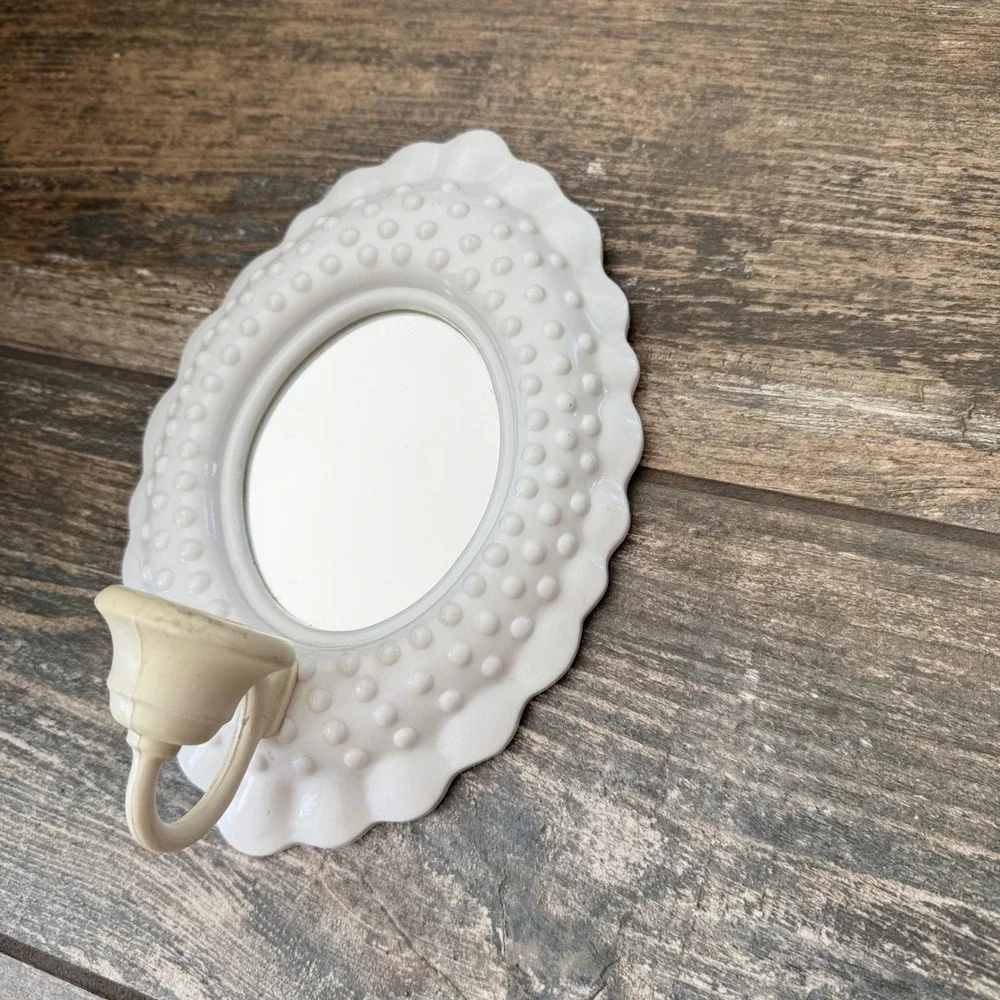 Vintage Cottagecore White Hobnail Wall Sconce Mirror Candle Holder Oval  Grandma